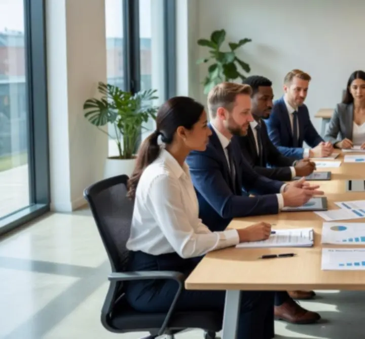 Consulting team collaborating with clients in a modern workspace
