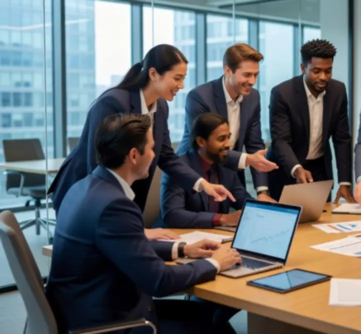 Consulting team collaborating around a table in a bright office