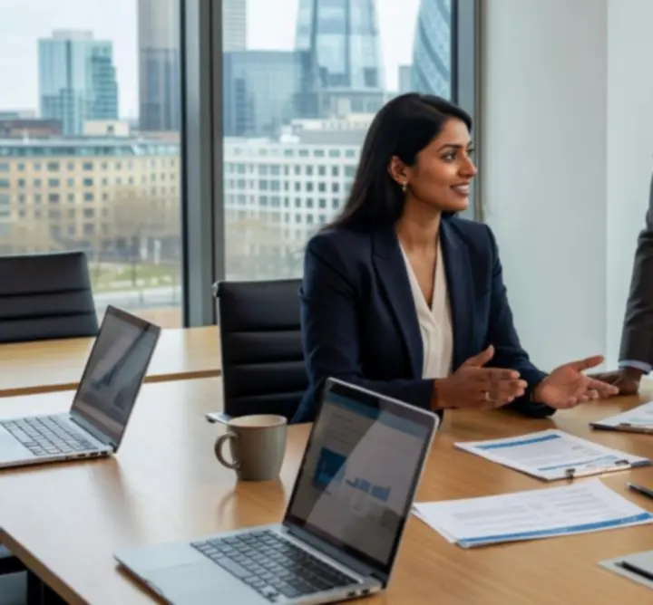 Senior leadership team in discussion in a modern UK office