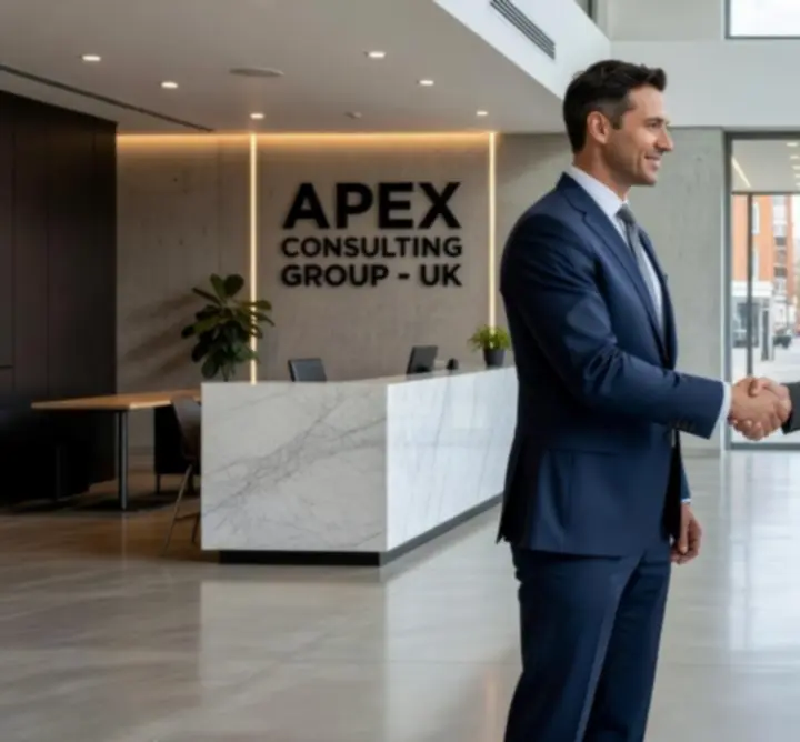 Consultant meeting with clients in a modern office